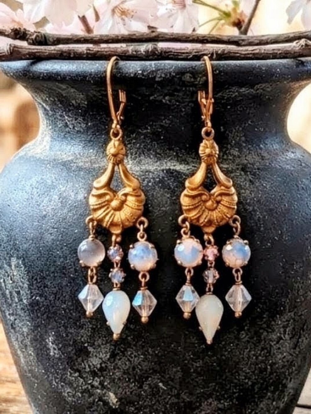 Victorian Opalite & Milky White Crystal Gold Plated Chandelier Art Deco Earrings